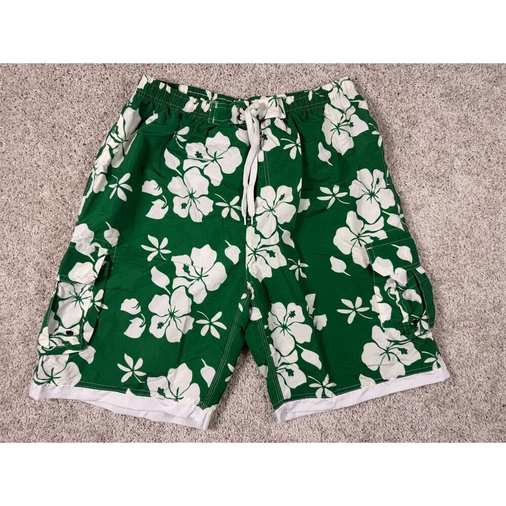 10W Apparel Men's Green Hawaiian Floral Swim Trunks Cargo Shorts Size 2XL NWT